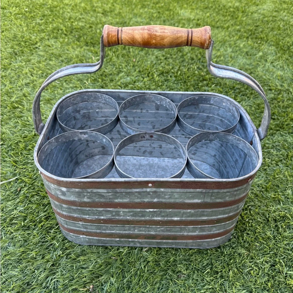 Galvanized Metal 6-Bottle Caddy/Carrier with Wood Handle